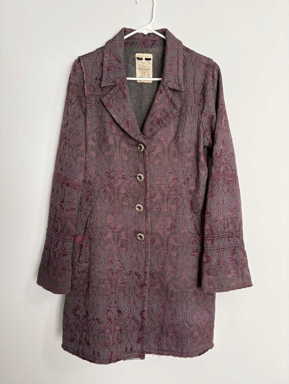 Free People Jacquard Brocade Tapestry Coat Sz 8 Purple Boho Chic Button Pockets
